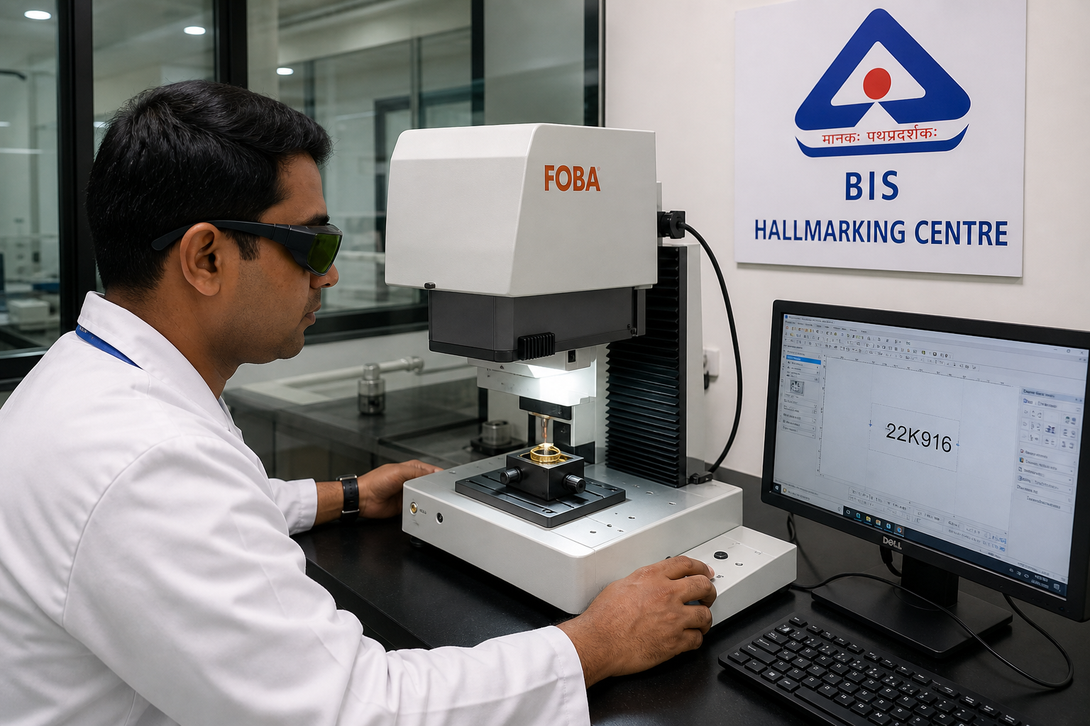 Technician operating laser hallmarking machine